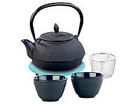 Rosenstein & Söhne Asiatische Teekanne, Untersetzer und 2 Becher, Gusseisen, schwarz/blau