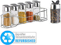 Rosenstein & Söhne 6 Gewürzstreuer aus Glas mit geschwungenem Ständer (Versandrückläufer); Manuelle Salz-, Pfeffer-Mühle 